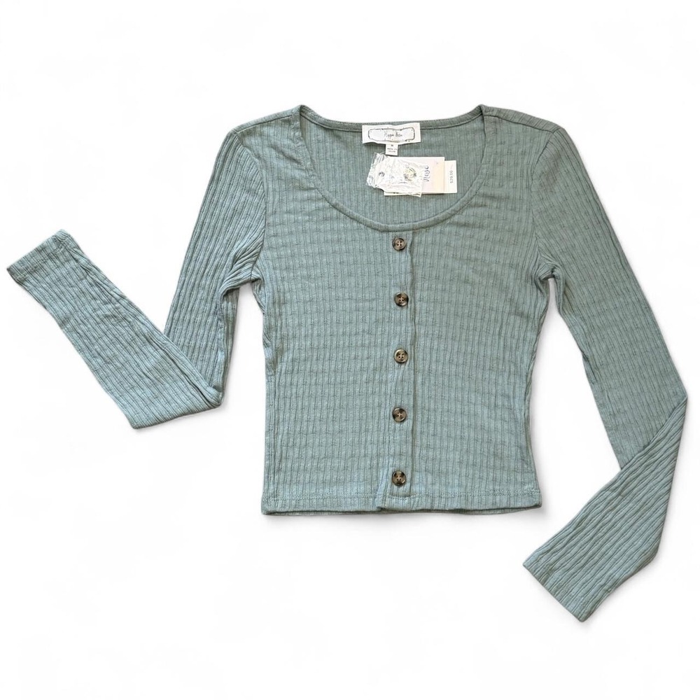 Hippie Rose sage green scoop neck button up long sleeve top - Size M & L